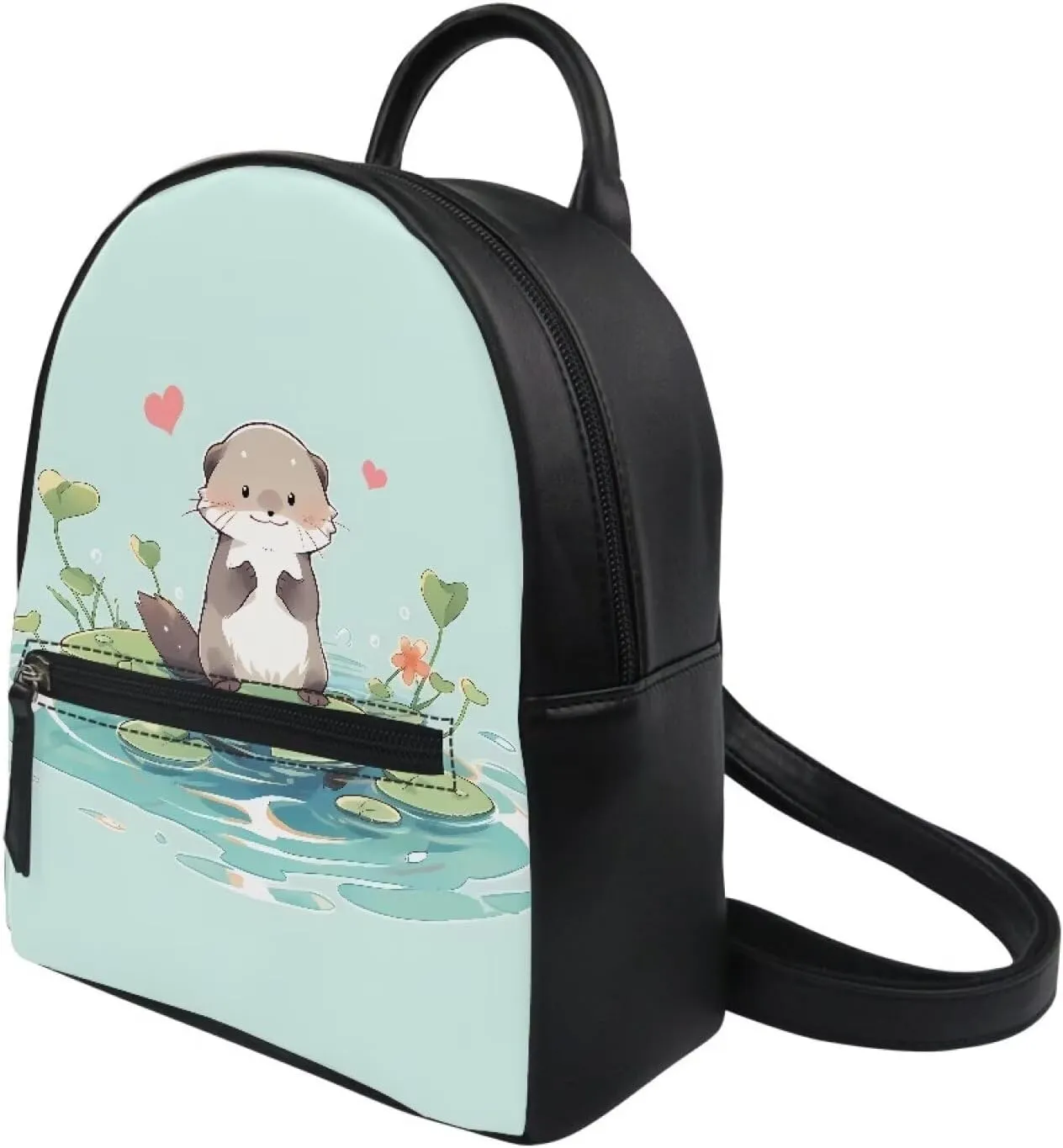 HUGS IDEA Cute Otter Print Mini Backpack for Women Girls PU Leather Small Backpack Purse Shoulder Bag for Adult Kids School Travel