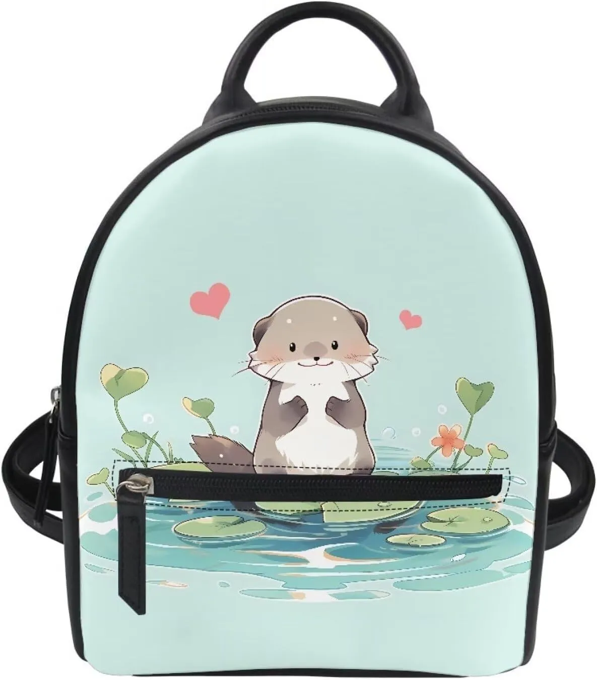 HUGS IDEA Cute Otter Print Mini Backpack for Women Girls PU Leather Small Backpack Purse Shoulder Bag for Adult Kids School Travel