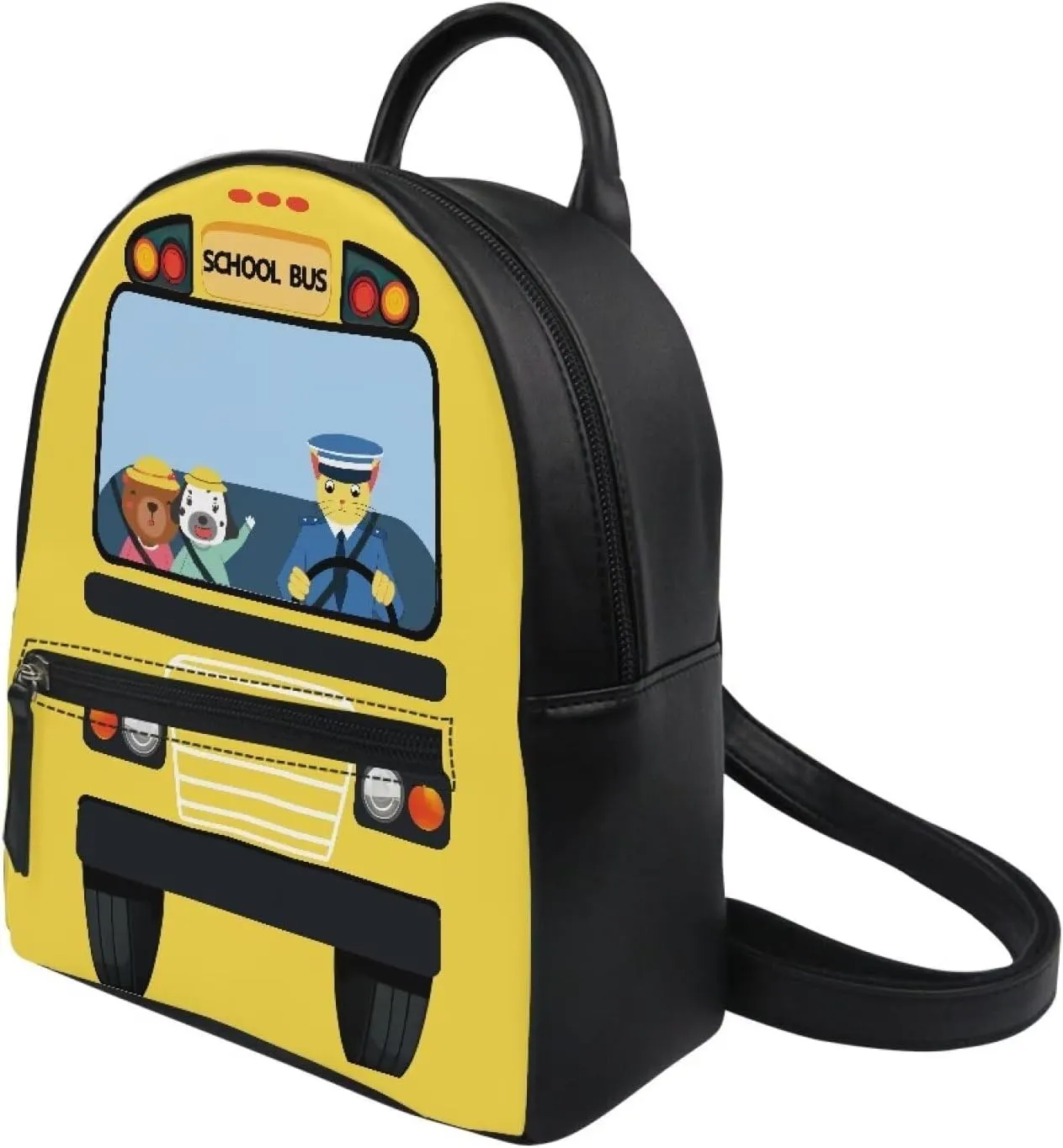 HUGS IDEA School Bus Print Mini Backpack Purse for Women PU Leather Durable Shoulder Bag Pouch for Travel Shopping