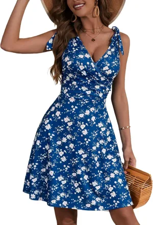 HUHOT Women's Summer Floral Sundress 2025 Sleeveless Tie Shoulder V Neck Flowy A-line Elastic Waist Ruffle Mini Dresses