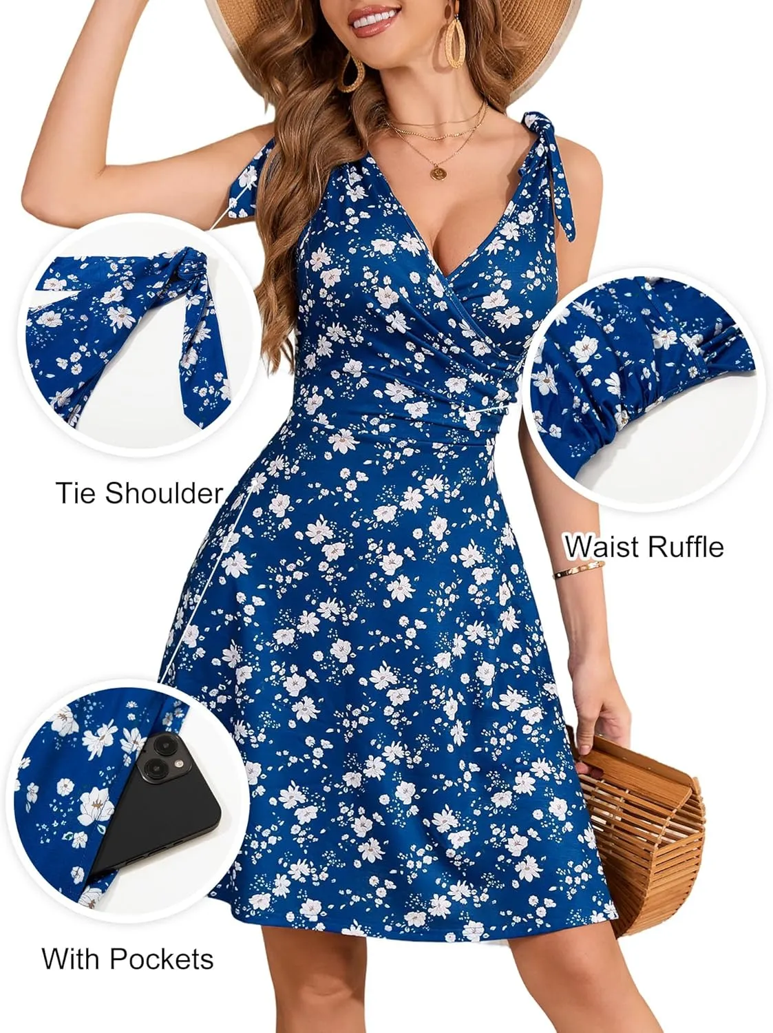 HUHOT Women's Summer Floral Sundress 2025 Sleeveless Tie Shoulder V Neck Flowy A-line Elastic Waist Ruffle Mini Dresses