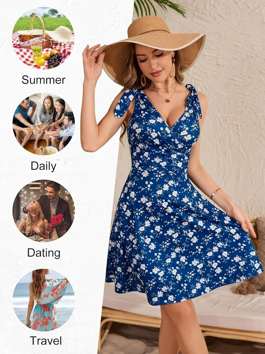 HUHOT Women's Summer Floral Sundress 2025 Sleeveless Tie Shoulder V Neck Flowy A-line Elastic Waist Ruffle Mini Dresses