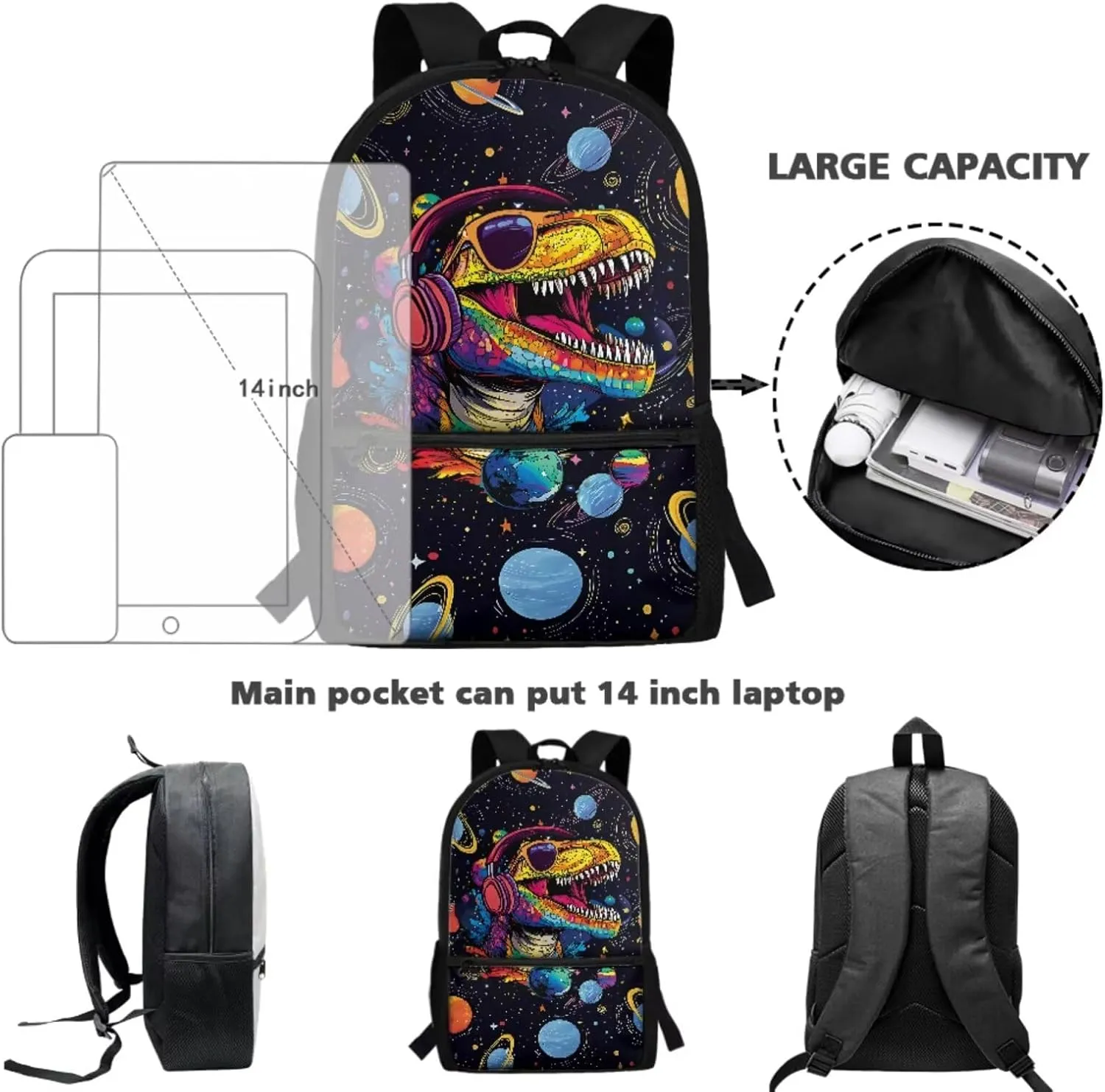 HUIACONG Dinosaur Space Backpack for Boys with Lunch Box Teenage Bookbag Kids 5-7/8-10 Elementary Middle School Backpack Tween Lunchbox Back to School Supplies