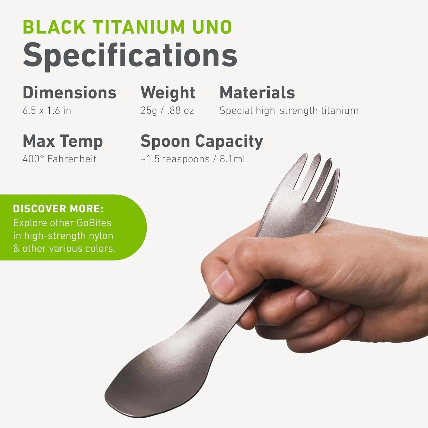 humangear GoBites Uno | Travel & Camping Utensils | Portable & Convertible Dining Ware | Multi-Functional Spork, Black Titanium