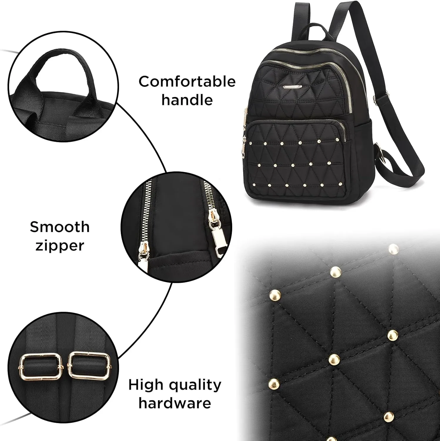 I IHAYNER Mini Backpack for Women Nylon Travel Purse Shoulder Bag for College Work Casual Lightweight Daypack With Rivets for Ladies Grey