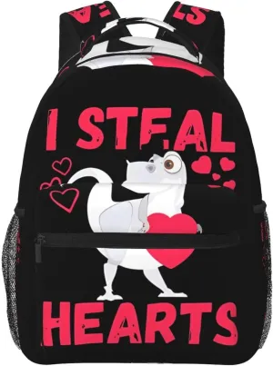 I Steal Hearts Trex Dino Backpack Casual Pack Bag Laptop Backpack With Side Pocket Front Zipper Pocket Bookpack Travel Daypack Picnic Rucksack
