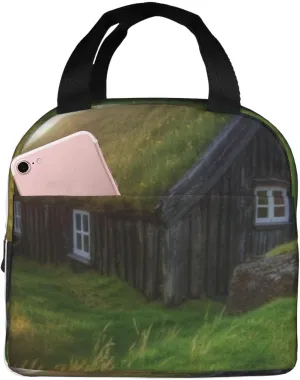 Iceland Hut printed lunch bag Reusable Insulated Lunch Box Lunch Organizer, Black