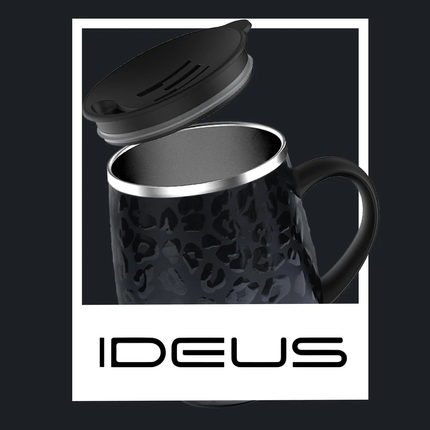 Ideus 16 oz (470 ml) Insulated Coffee Mug with Handle and Lid, Double Wall Stainless Steel Vacuum Thermal Coffee Mug, Travel Coffee Cup Thermal Cup for Home and Office, Leopard Black