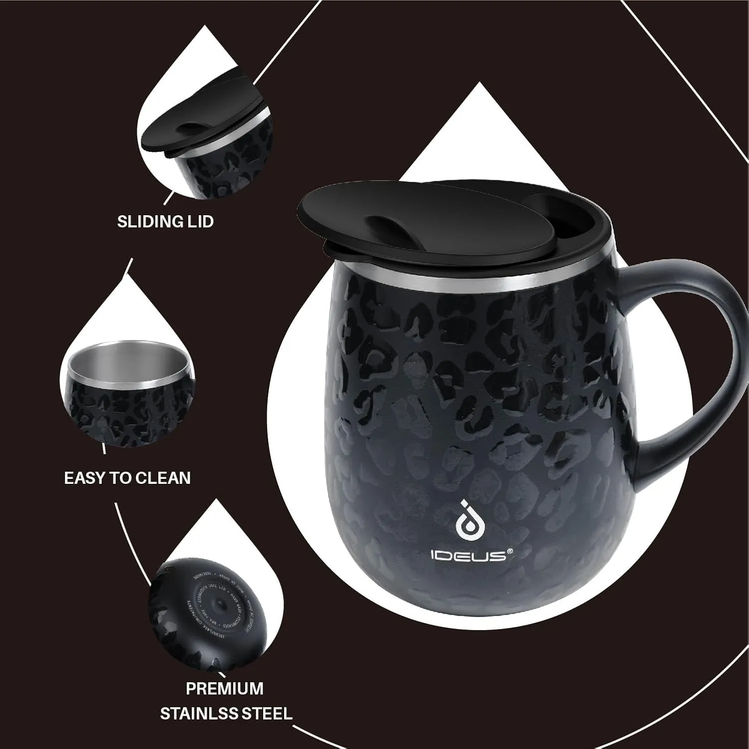 Ideus 16 oz (470 ml) Insulated Coffee Mug with Handle and Lid, Double Wall Stainless Steel Vacuum Thermal Coffee Mug, Travel Coffee Cup Thermal Cup for Home and Office, Leopard Black