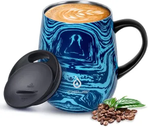 Ideus 16 oz Insulated Coffee Mug with Handle and Lid, Double Wall Stainless Steel Vacuum Thermal Coffee Mug, Travel Coffee Cup Thermal Cup for Home and Office, Blue Zebra