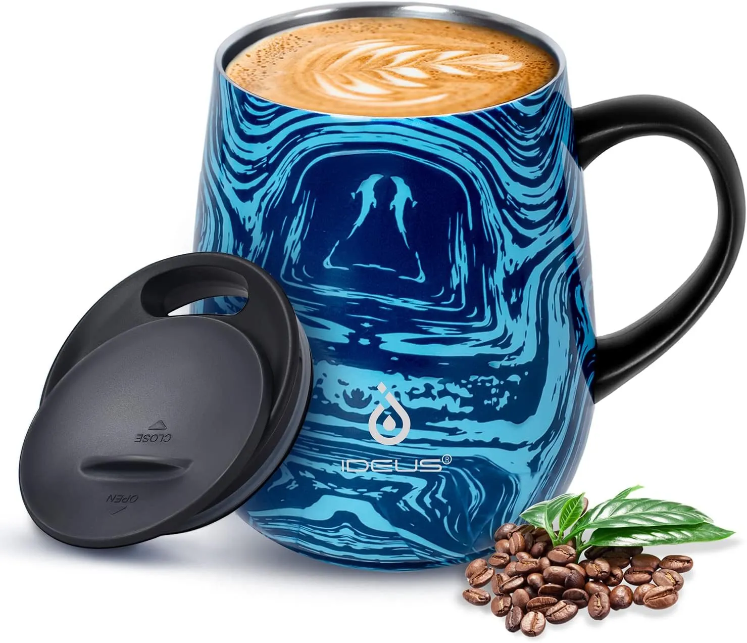 Ideus 16 oz Insulated Coffee Mug with Handle and Lid, Double Wall Stainless Steel Vacuum Thermal Coffee Mug, Travel Coffee Cup Thermal Cup for Home and Office, Blue Zebra
