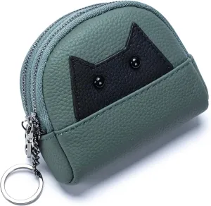 imeetu Coin Purse Keychain, Leather Cute Animal Change Pouch & 2 Zipper Pockets for Women (Dark Green)