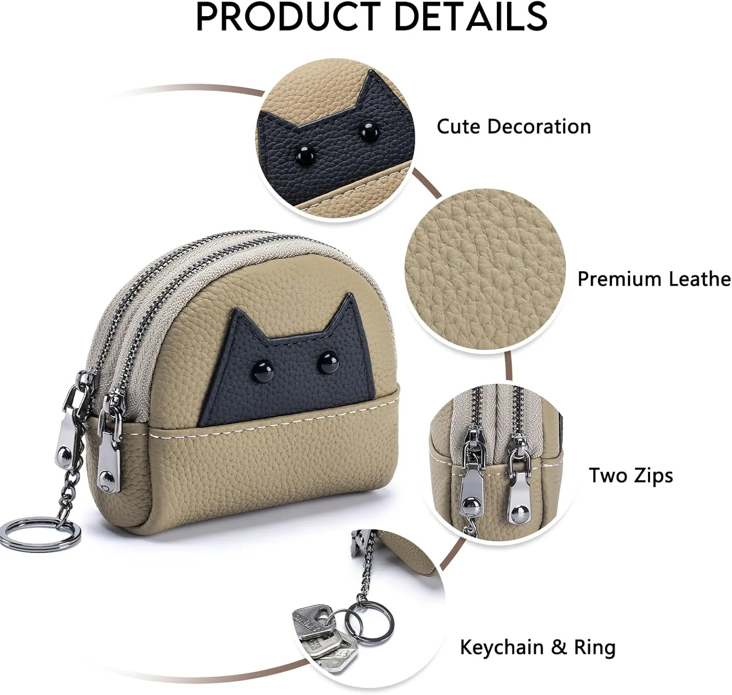 imeetu Coin Purse Keychain, Leather Cute Animal Change Pouch & 2 Zipper Pockets for Women (Dark Green)