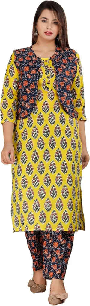 INDACORIFY Beautiful Cotton Printed Kurti Jacket Pant Set for Girls & Women Festive Party Office Wear Salwar Kameez (as1, numeric, numeric_38, numeric_44, regular, regular, X-Large(42))