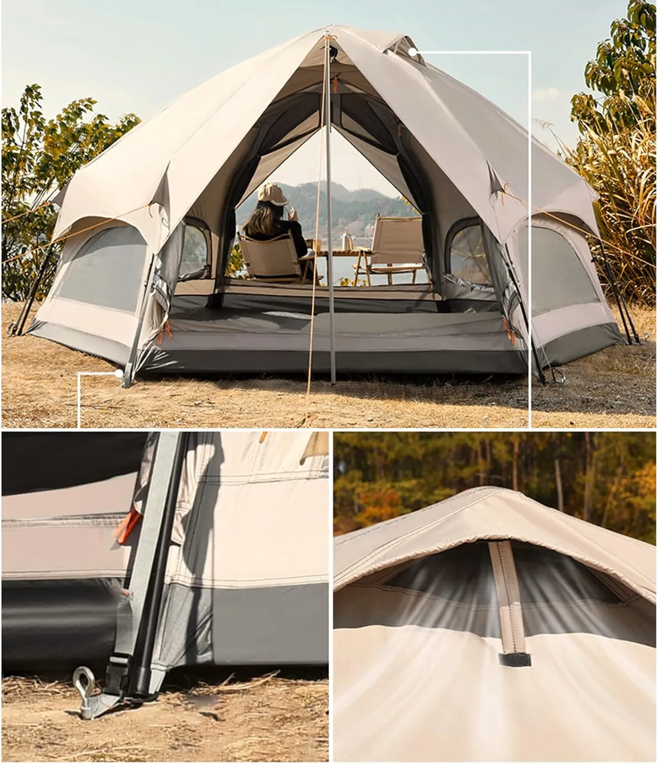 Indian Tent, Easy Setup Waterproof 3-4 Person Camping Tent, 4 Season Double Layers Waterproof Pyramid Tent for Family Camping, Hiking,Picnic