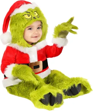 Infant Dr. Seuss Grinch Santa Claus Halloween Costume - Baby Grinch Hooded Jumpsuit, Attached Mitts & Shoe Covers
