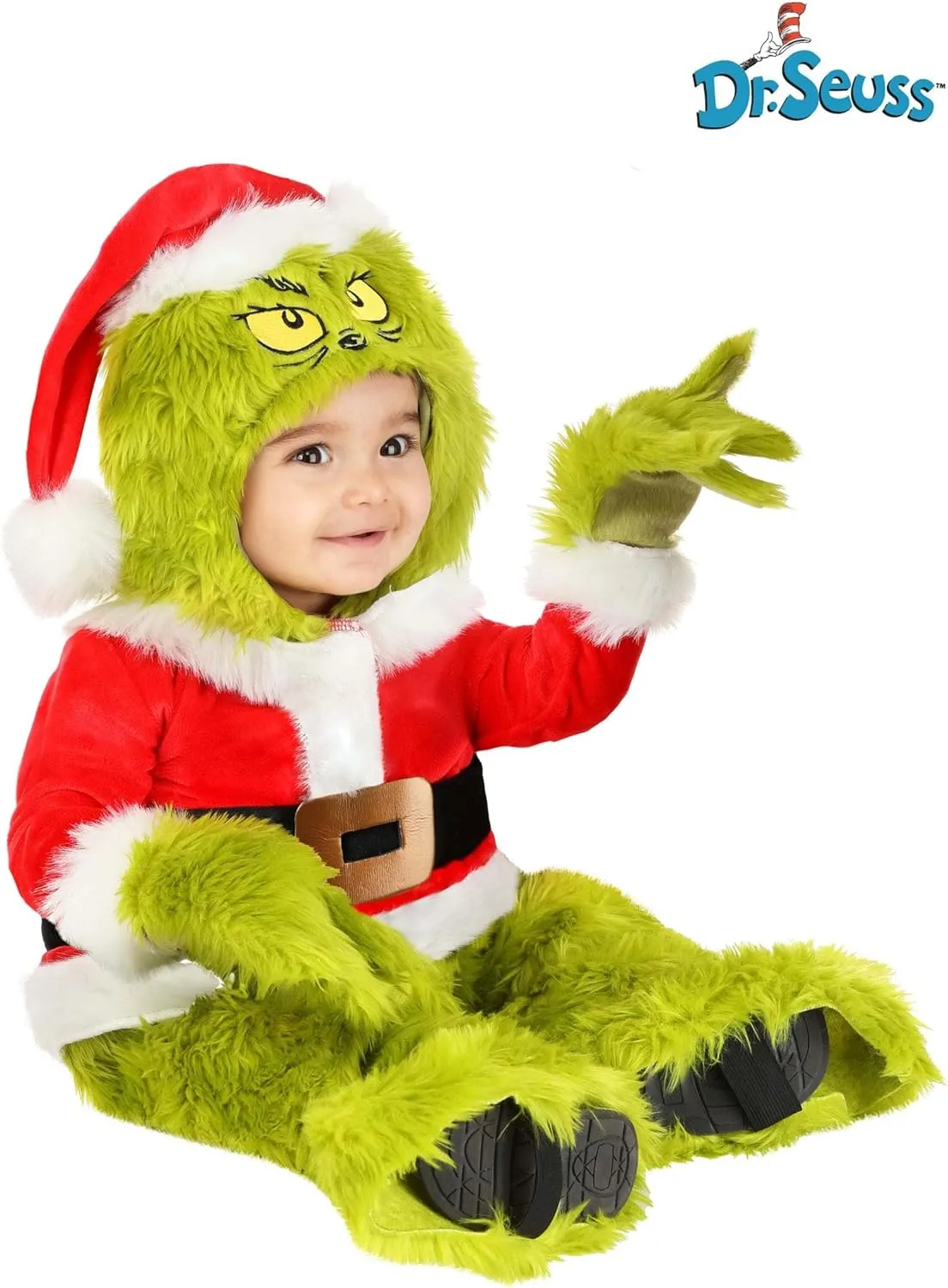 Infant Dr. Seuss Grinch Santa Claus Halloween Costume - Baby Grinch Hooded Jumpsuit, Attached Mitts & Shoe Covers