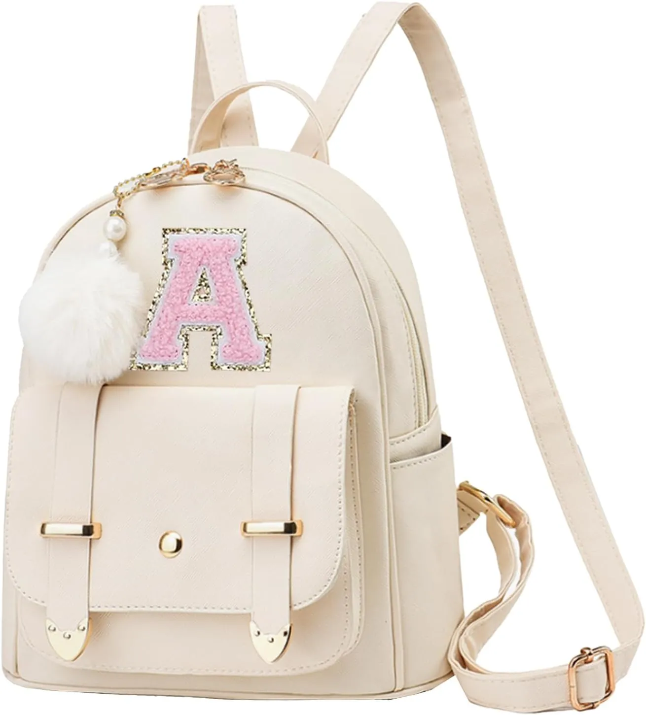 Initial Cute Mini Backpack Purse for Women Pompom Back pack Shoulder Bag (Letter A)