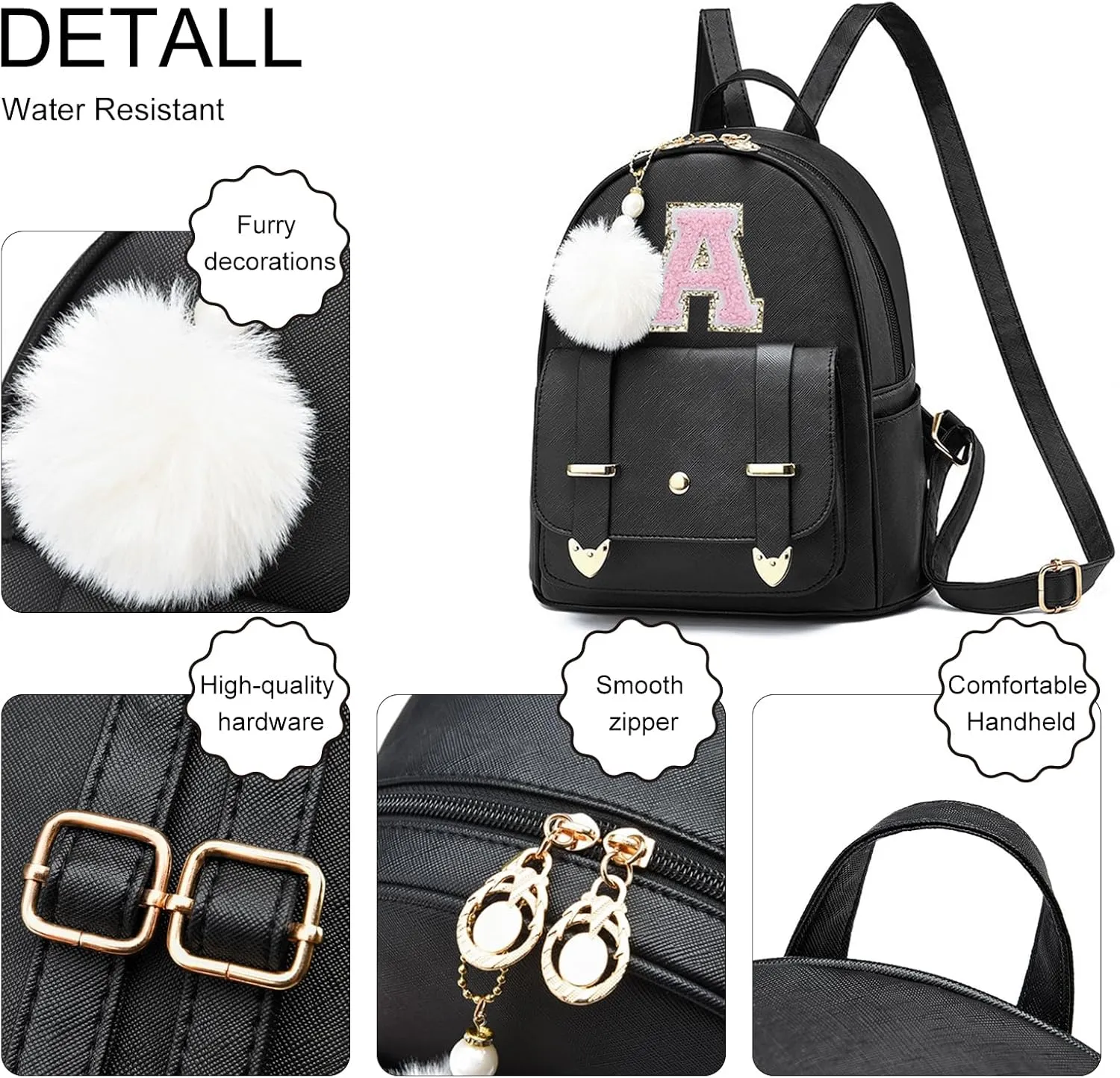 Initial Cute Mini Backpack Purse for Women Pompom Back pack Shoulder Bag (Letter C)