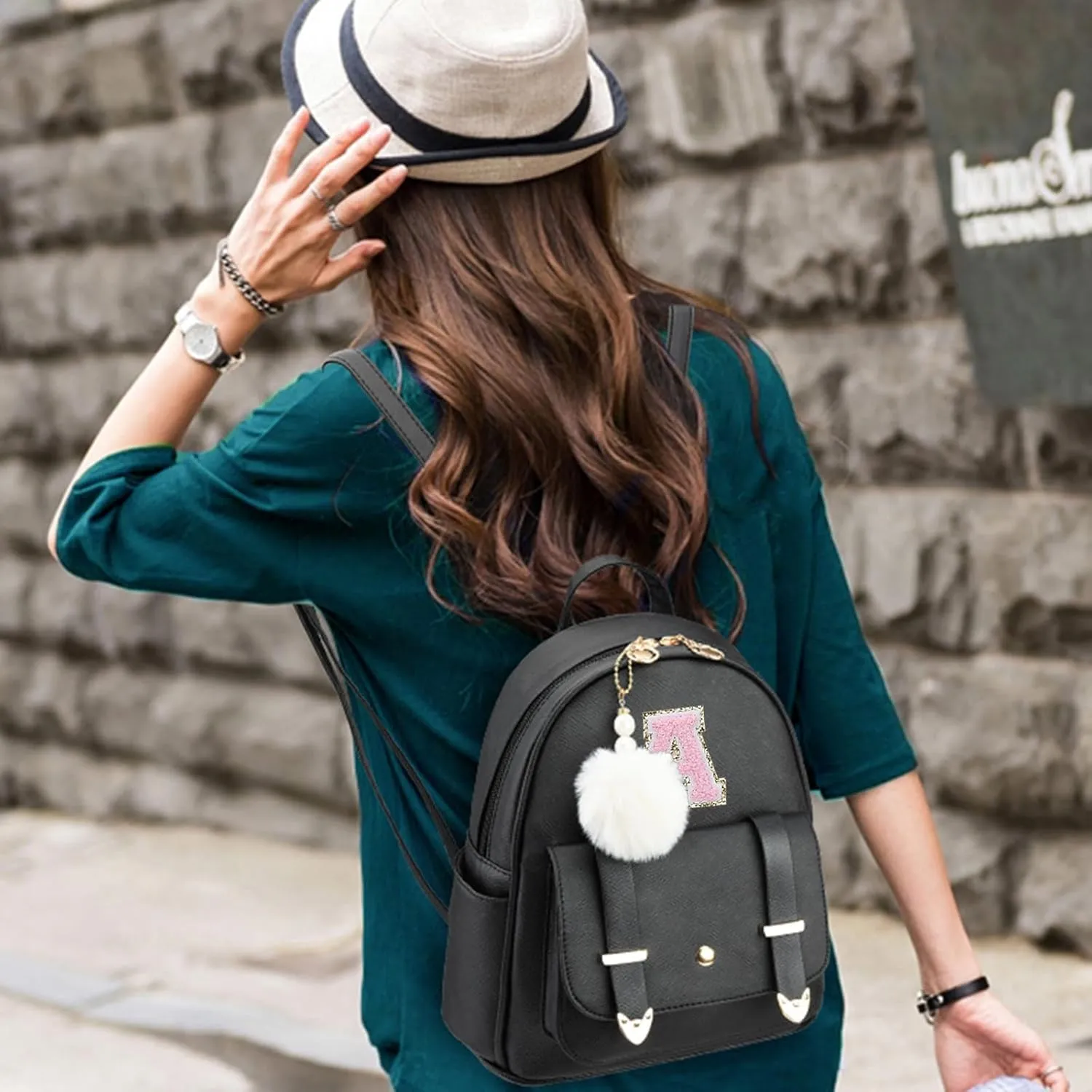 Initial Cute Mini Backpack Purse for Women Pompom Back pack Shoulder Bag (Letter C)