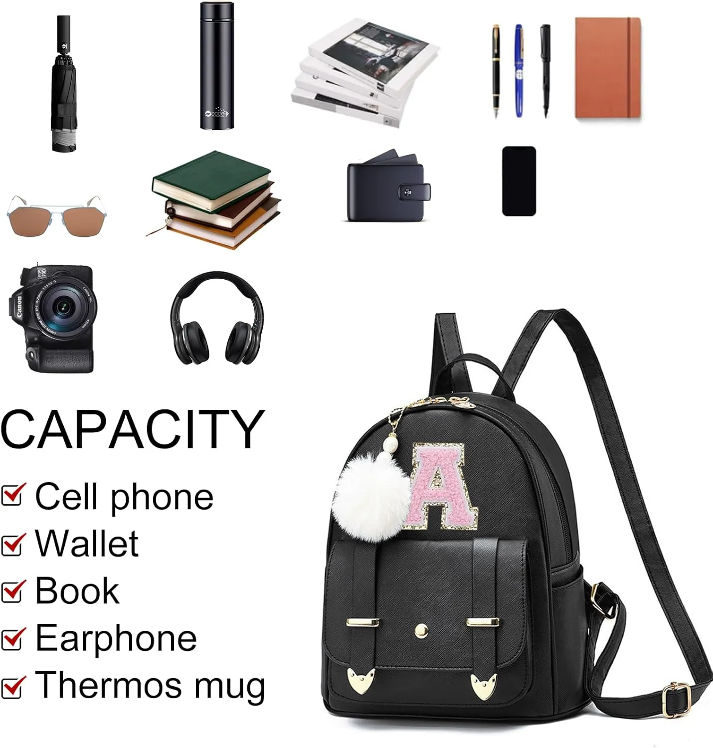 Initial Cute Mini Backpack Purse for Women Pompom Back pack Shoulder Bag (Letter C)