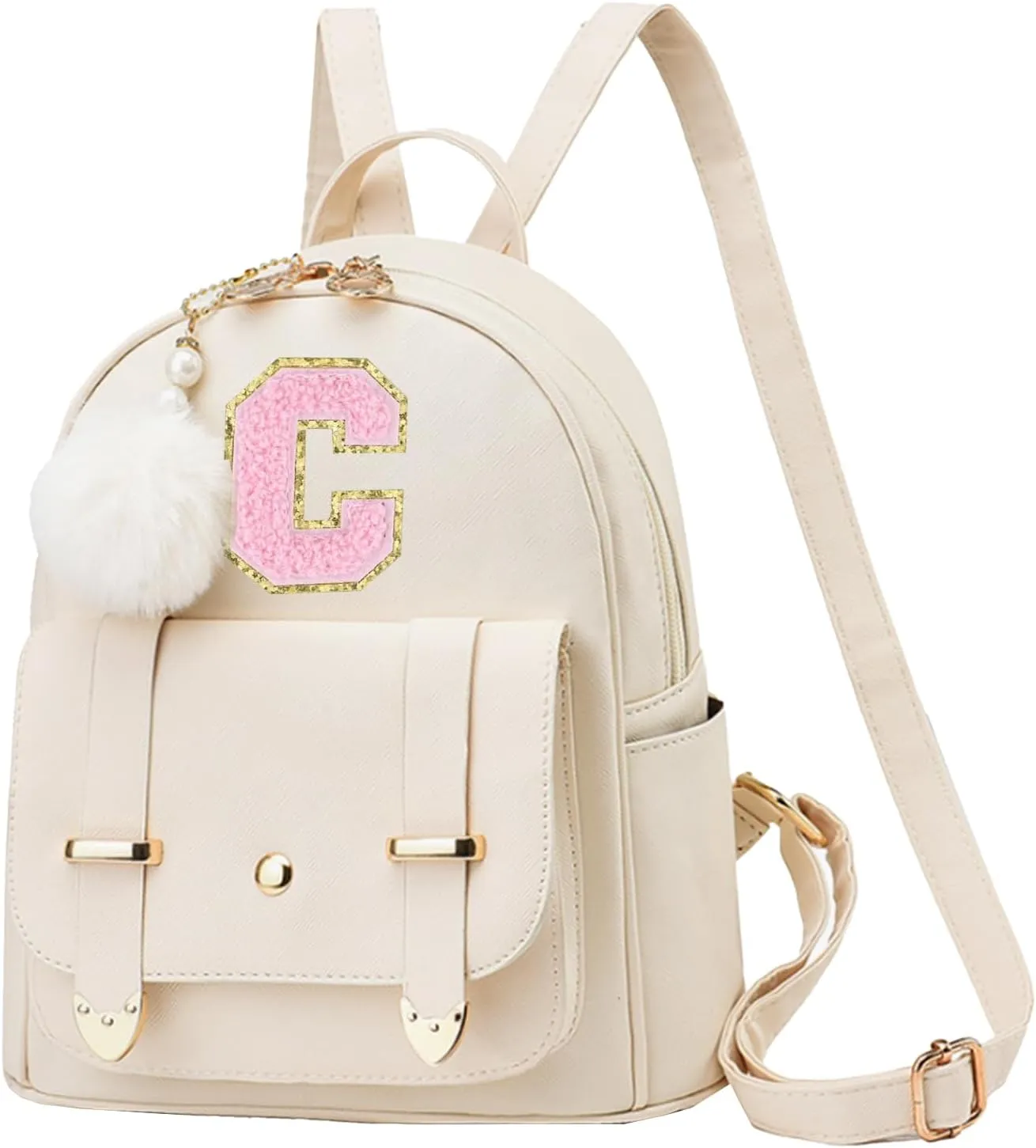 Initial Cute Mini Backpack Purse for Women Pompom Back pack Shoulder Bag (Letter C)