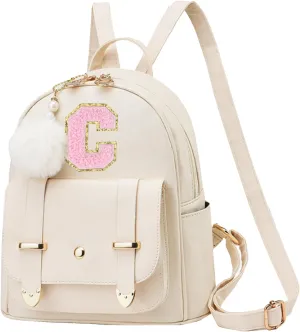 Initial Cute Mini Backpack Purse for Women Pompom Back pack Shoulder Bag (Letter C)