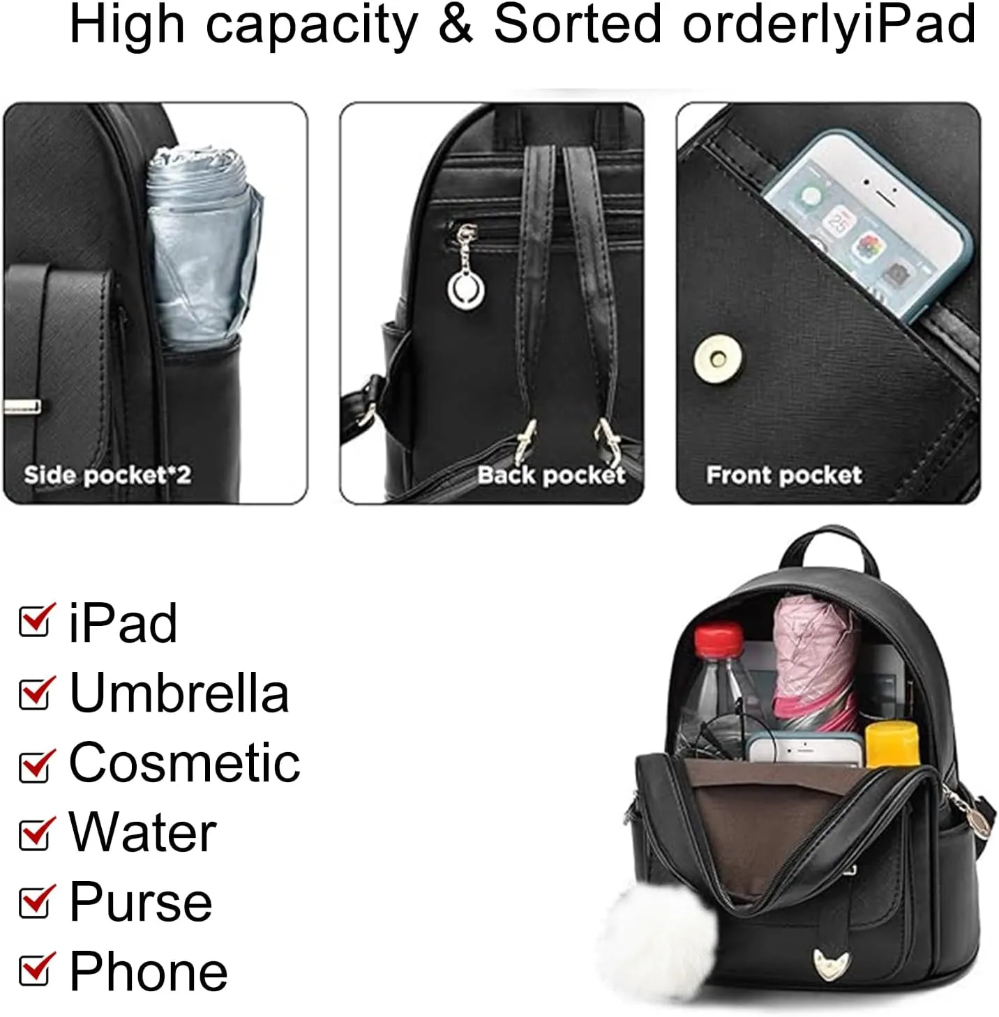 Initial Cute Mini Backpack Purse for Women Pompom Back pack Shoulder Bag (Letter C)