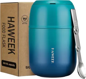 Insulated Food Container 17 oz Soup Thermo for Hot Food Adults, Stainless Steel Vacuum Lunch Box with Folding Spoon, Adult Kids Thermo Portable with Handle for School, Office, Outdoor