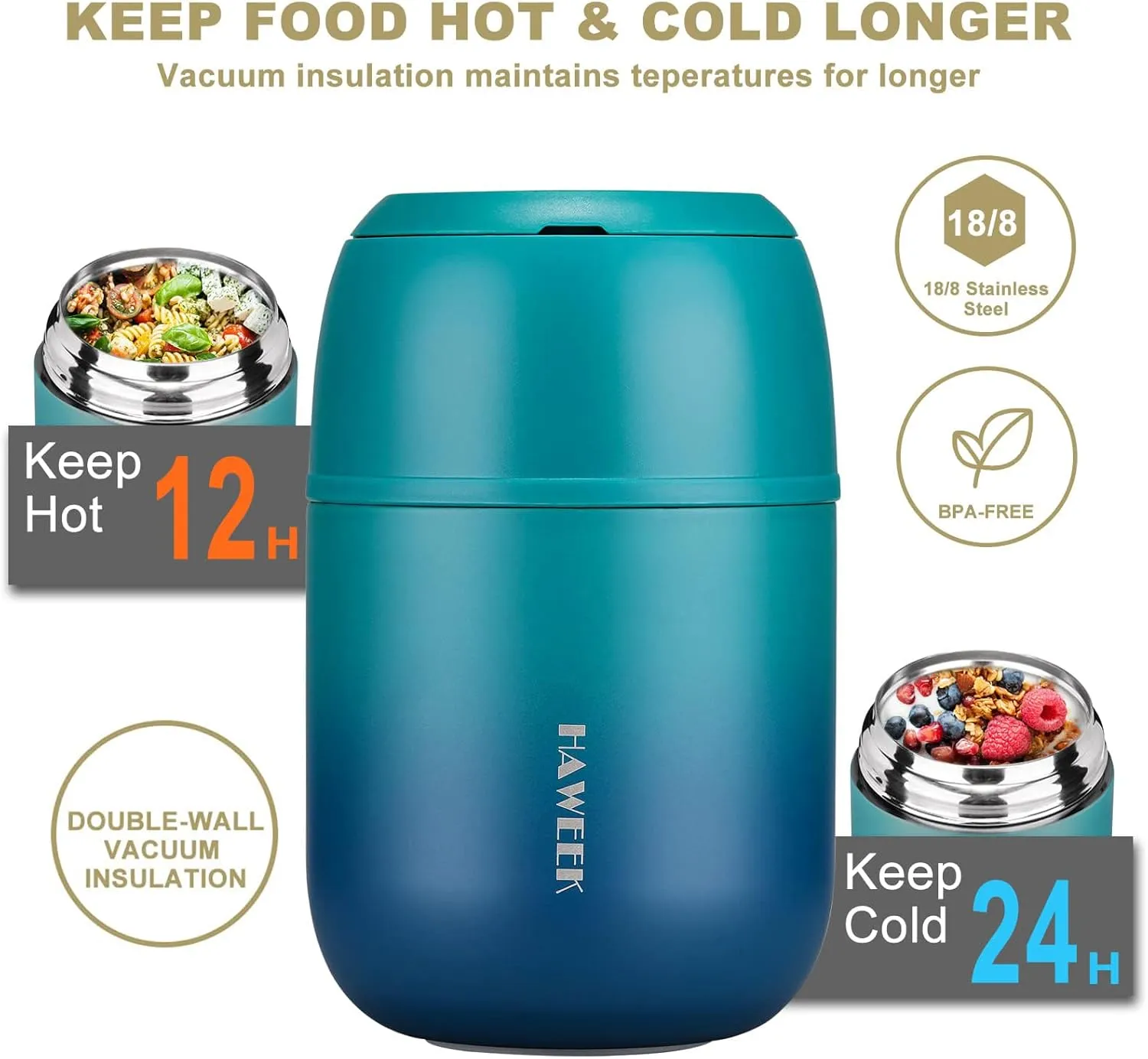 Insulated Food Container 17 oz Soup Thermo for Hot Food Adults, Stainless Steel Vacuum Lunch Box with Folding Spoon, Adult Kids Thermo Portable with Handle for School, Office, Outdoor