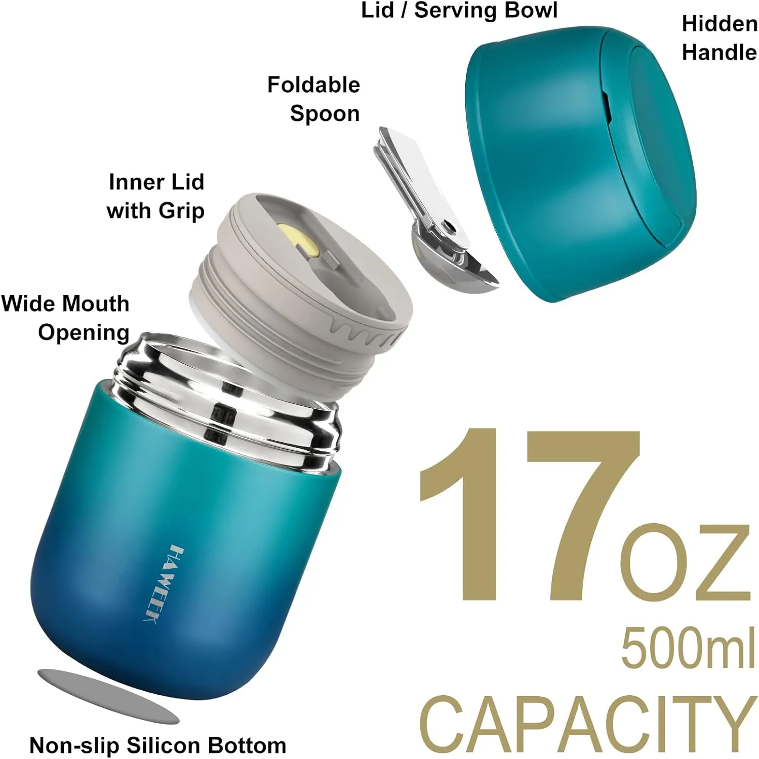 Insulated Food Container 17 oz Soup Thermo for Hot Food Adults, Stainless Steel Vacuum Lunch Box with Folding Spoon, Adult Kids Thermo Portable with Handle for School, Office, Outdoor