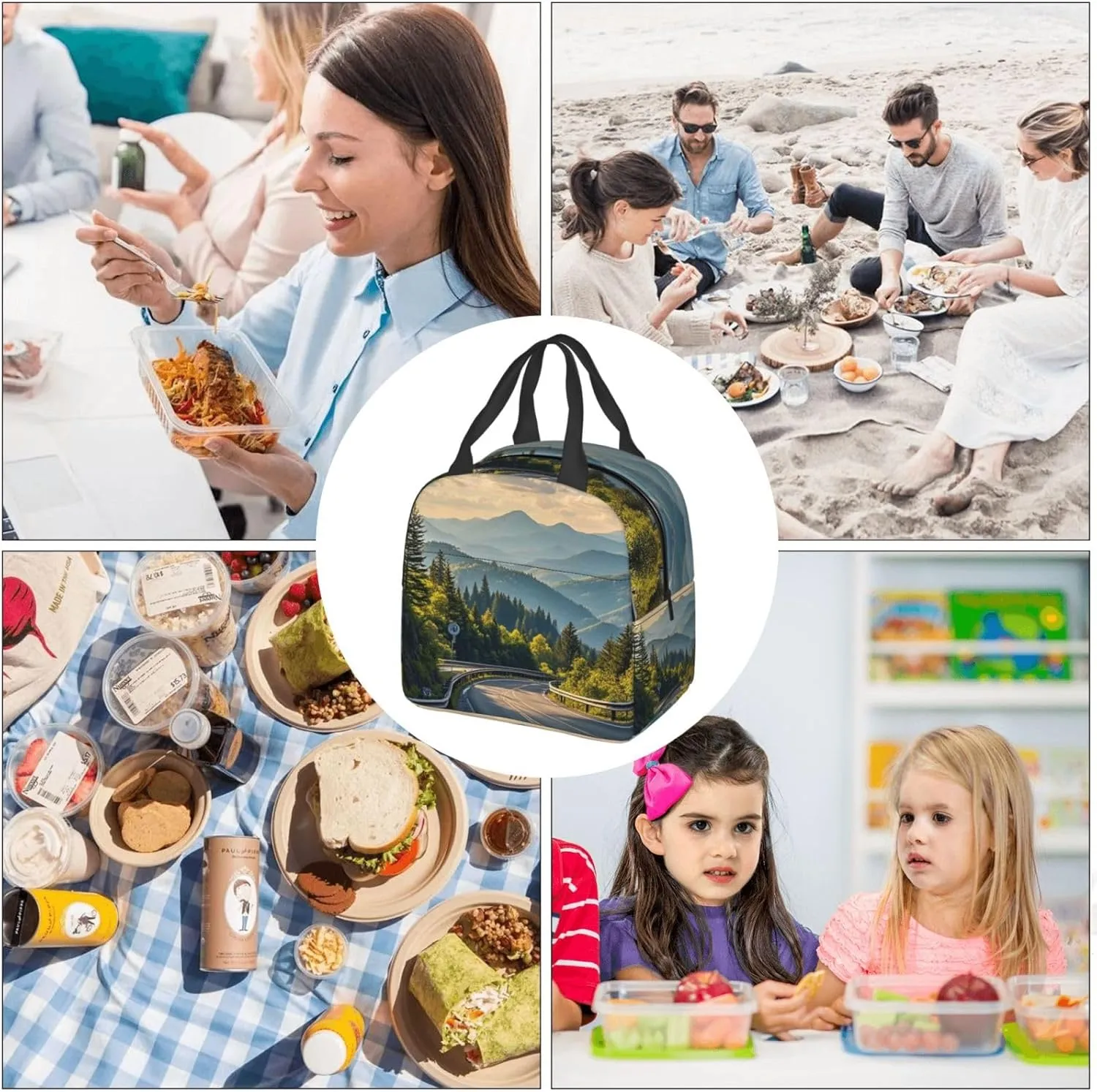 Insulated Lunch Bag for Women Men Blue Ridge Parkway Mountains Lunch Box Reusable Lunch Tote Bag for Work Picnic Travel