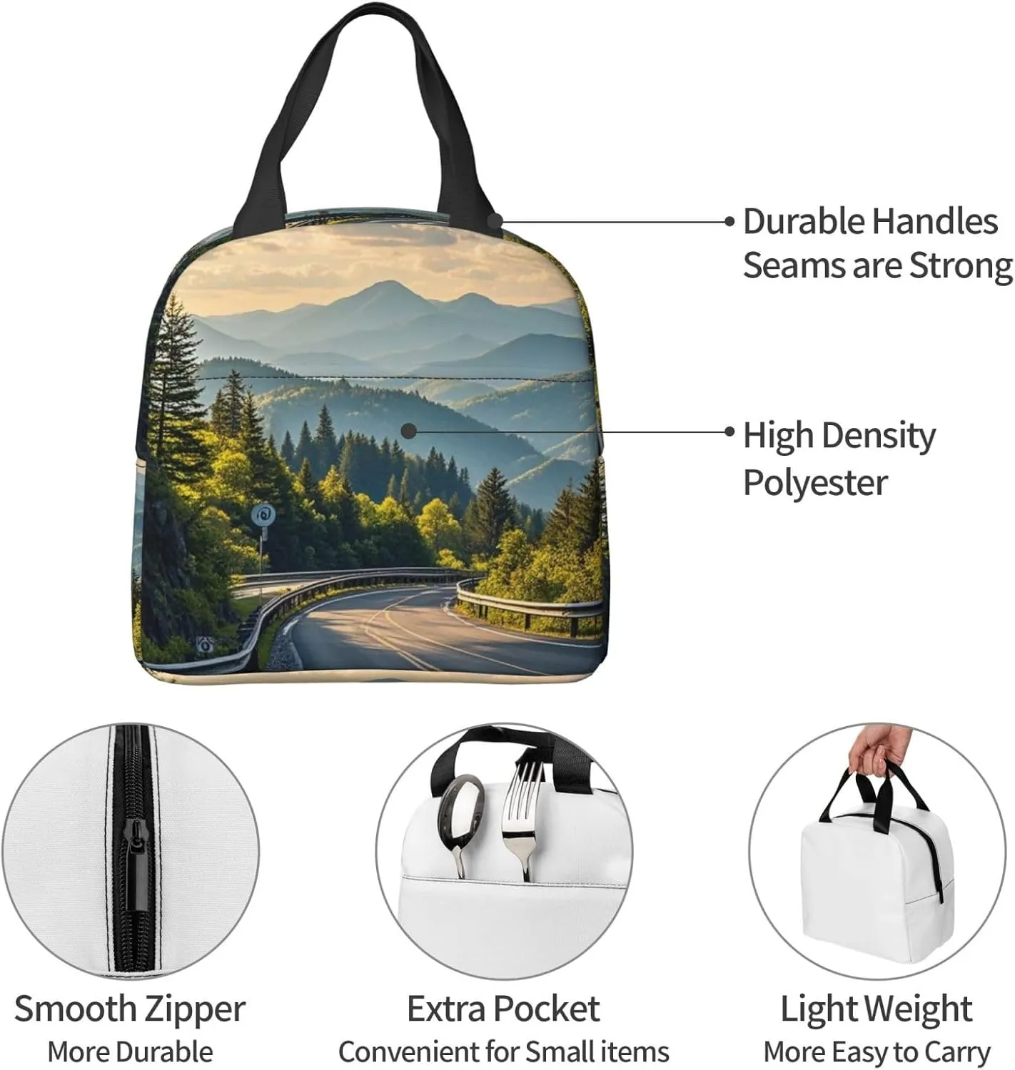 Insulated Lunch Bag for Women Men Blue Ridge Parkway Mountains Lunch Box Reusable Lunch Tote Bag for Work Picnic Travel