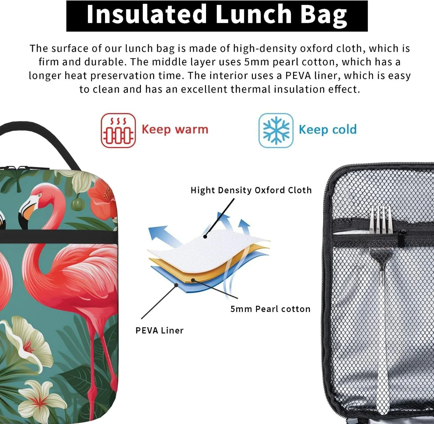 Insulated Lunch Bag for Women Men Floral Flamingo Botany Lunch Box Reusable Lunch Tote Bag for Work Picnic Travel