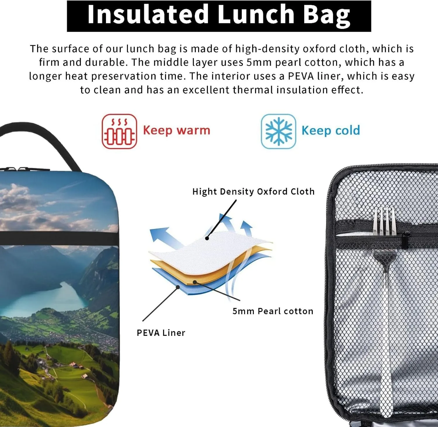 Insulated Lunch Bag Lunch box for Women Men Reusable Cooler Bag Switzerland Alps Lunch Tote Bag for Work
