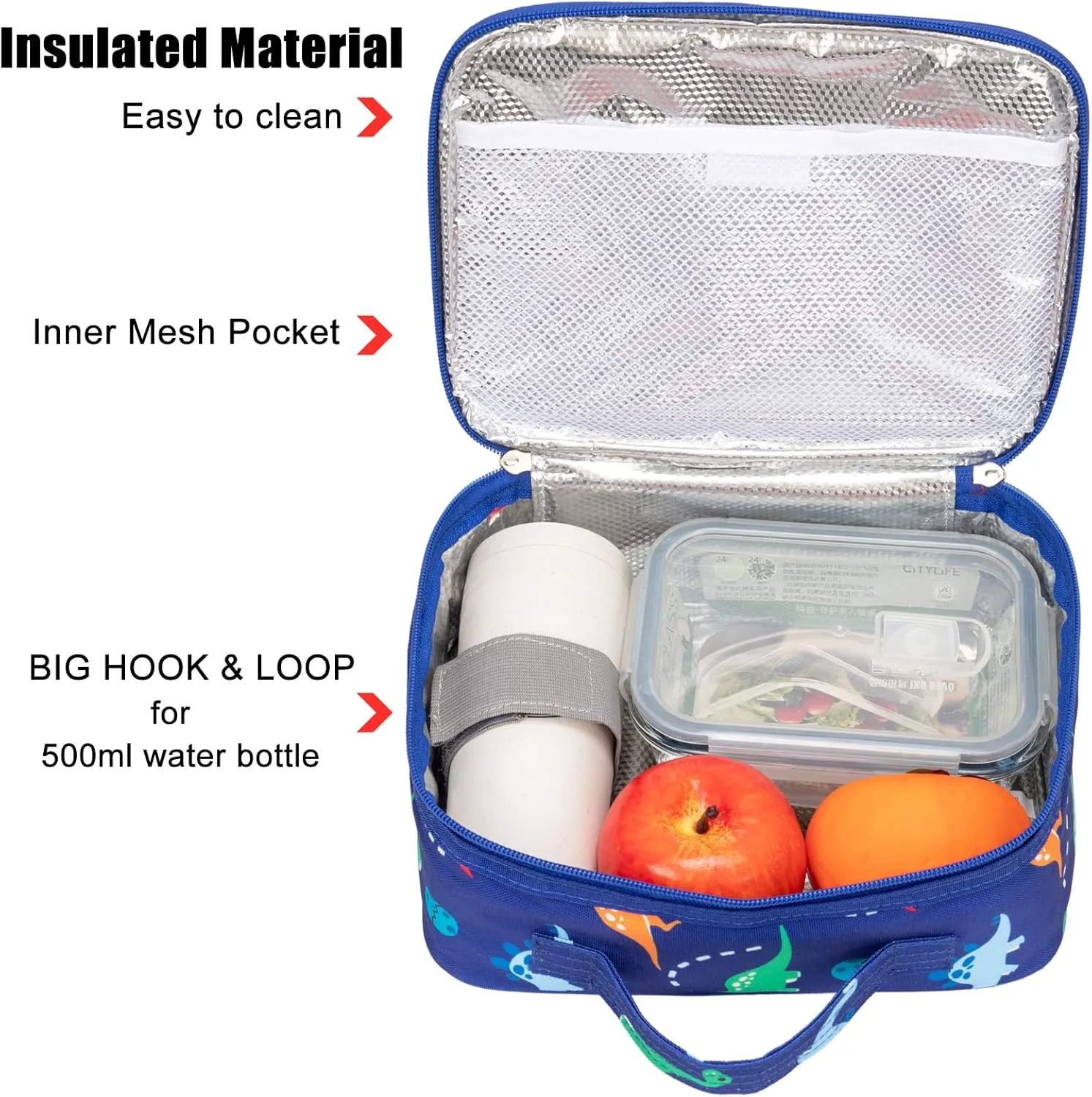 Insulated Lunch Box Bag for Kids Boys, Size for Preschool, Kindergarten, or Travel, Dinosaur Blue