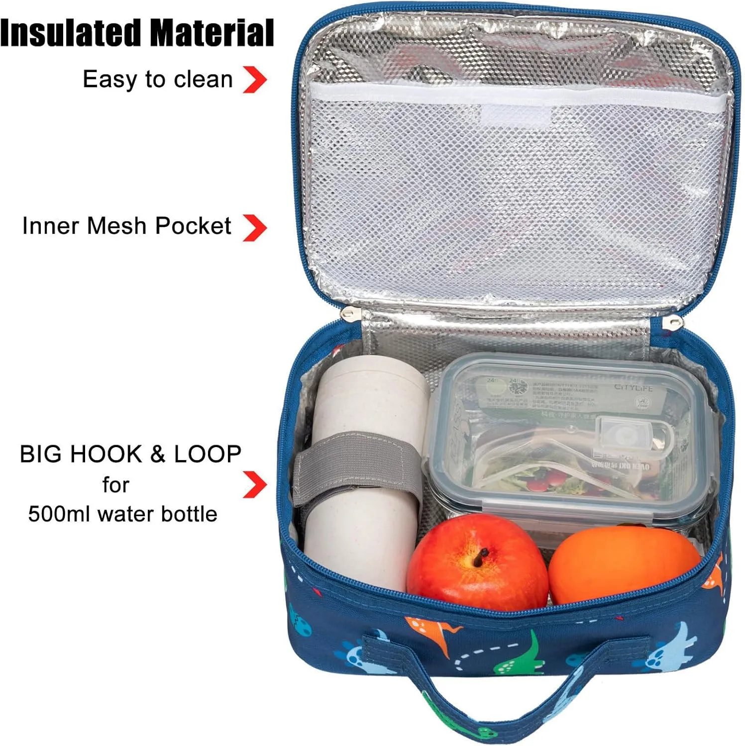 Insulated Lunch Box Bag for Kids Boys, Size for Preschool, Kindergarten, or Travel, Dinosaur Navy Blue