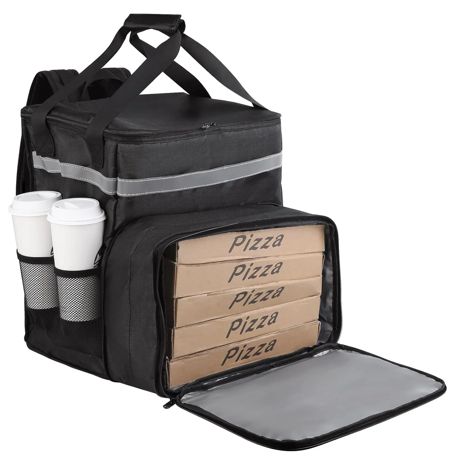 Insulated Pizza Delivery Backpack with 4 Cup Holder, Waterproof Cooler Bags, Insulated Food Delivery Bag for Hot/Cold Food for Bike, Insulated Reusable Grocery Shopping Backpack for Doordash (Black)