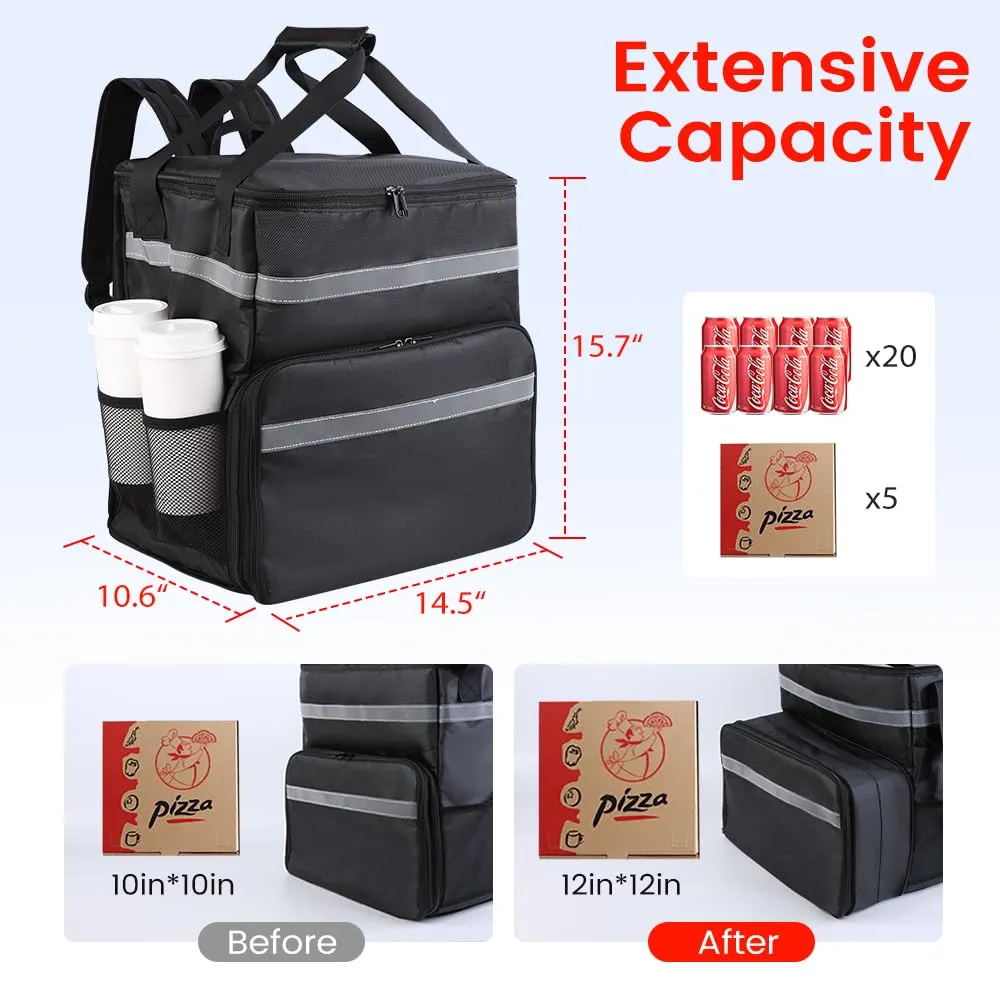 Insulated Pizza Delivery Backpack with 4 Cup Holder, Waterproof Cooler Bags, Insulated Food Delivery Bag for Hot/Cold Food for Bike, Insulated Reusable Grocery Shopping Backpack for Doordash (Black)