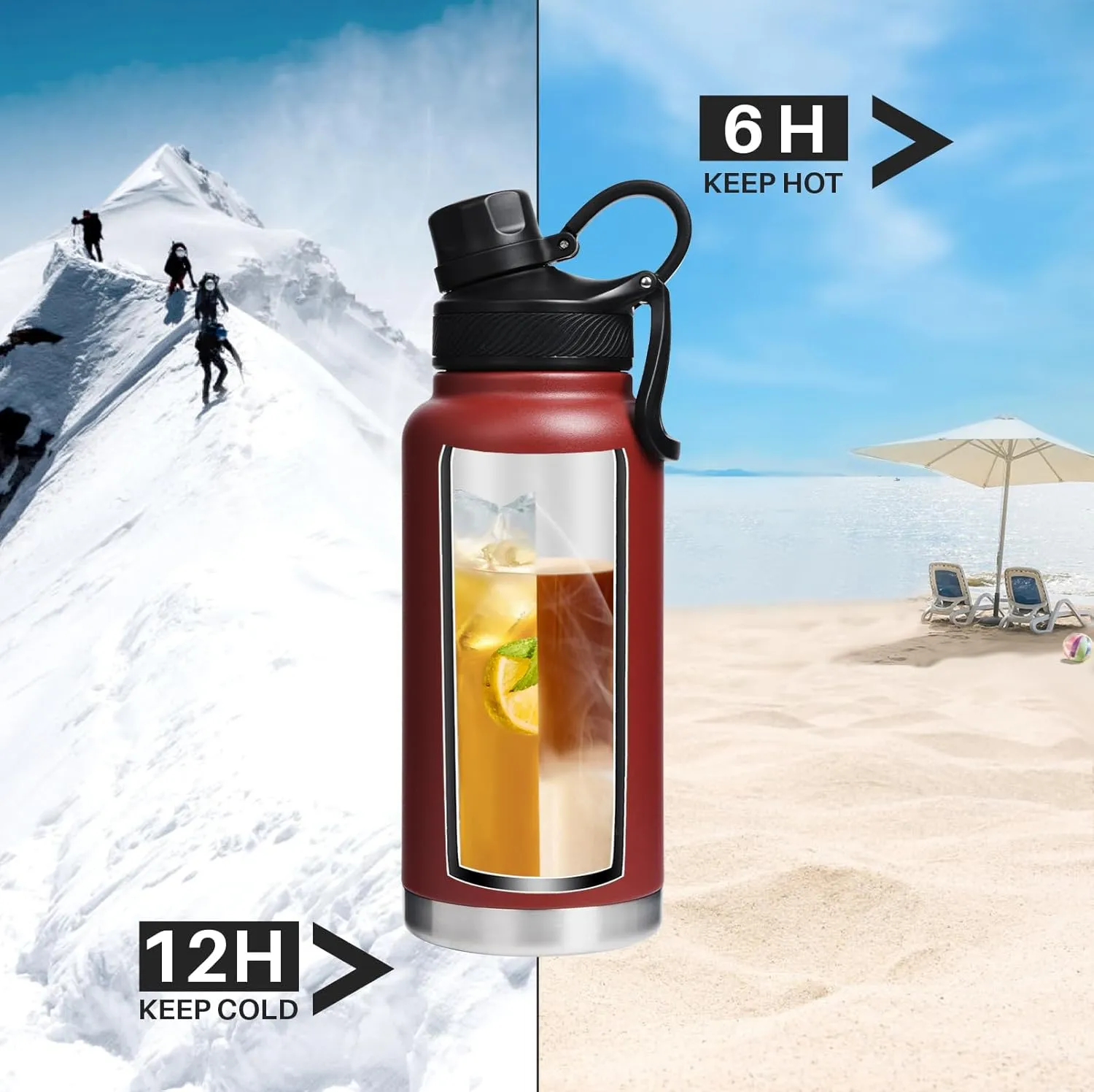 Insulated Sports Water Bottle with Straw Lid Dustproof, 3 Lids, 24/32/40/64 oz Dishwasher Safe & BPA Free Double Wall Stainless Steel Water bottle, Leakproof & Sweat Free -32 Oz Brick Red