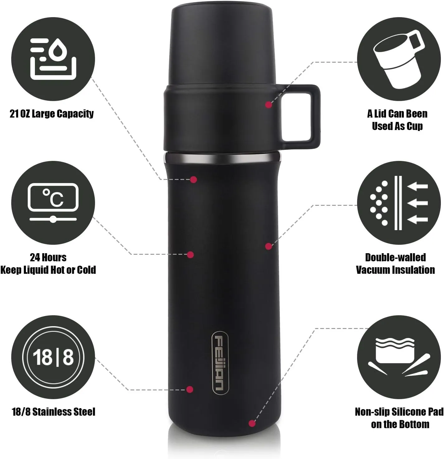 Insulated Stainless Steel Water Bottle with Cup, 21 OZ, Double-Walled Thermal Bottle for Hot & Cold Drinks, Black