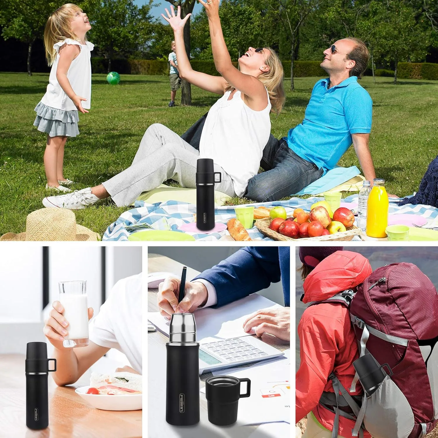 Insulated Stainless Steel Water Bottle with Cup, 21 OZ, Double-Walled Thermal Bottle for Hot & Cold Drinks, Black