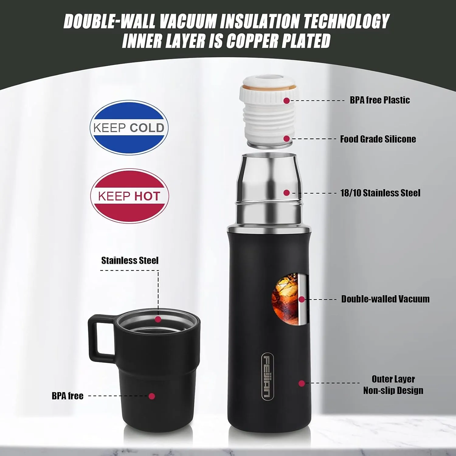 Insulated Stainless Steel Water Bottle with Cup, 21 OZ, Double-Walled Thermal Bottle for Hot & Cold Drinks, Black
