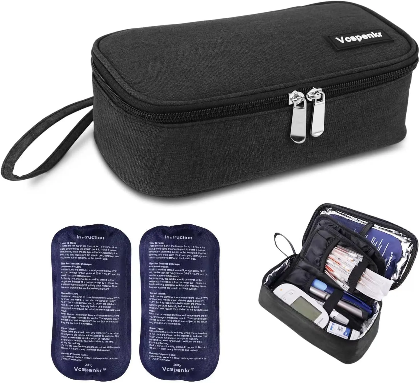 Insulin Cooler Travel Case, Diabetic Medicine Carrying Bag with 2 * 200g Ice Packs, Insulated Organizer Medication Cooler Bag for Insulin Pens and Diabetes (Black)