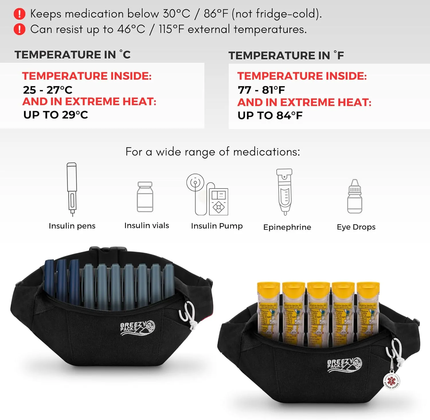 Insulin Cooler Travel Case | EpiPen Carry case | Insulin Travel Case TSA-Approved | Self-Recharge, No Electricity or Refrigeration | BreezyPacks | Keep medicine at room temp. | Breezy Belt (Black)