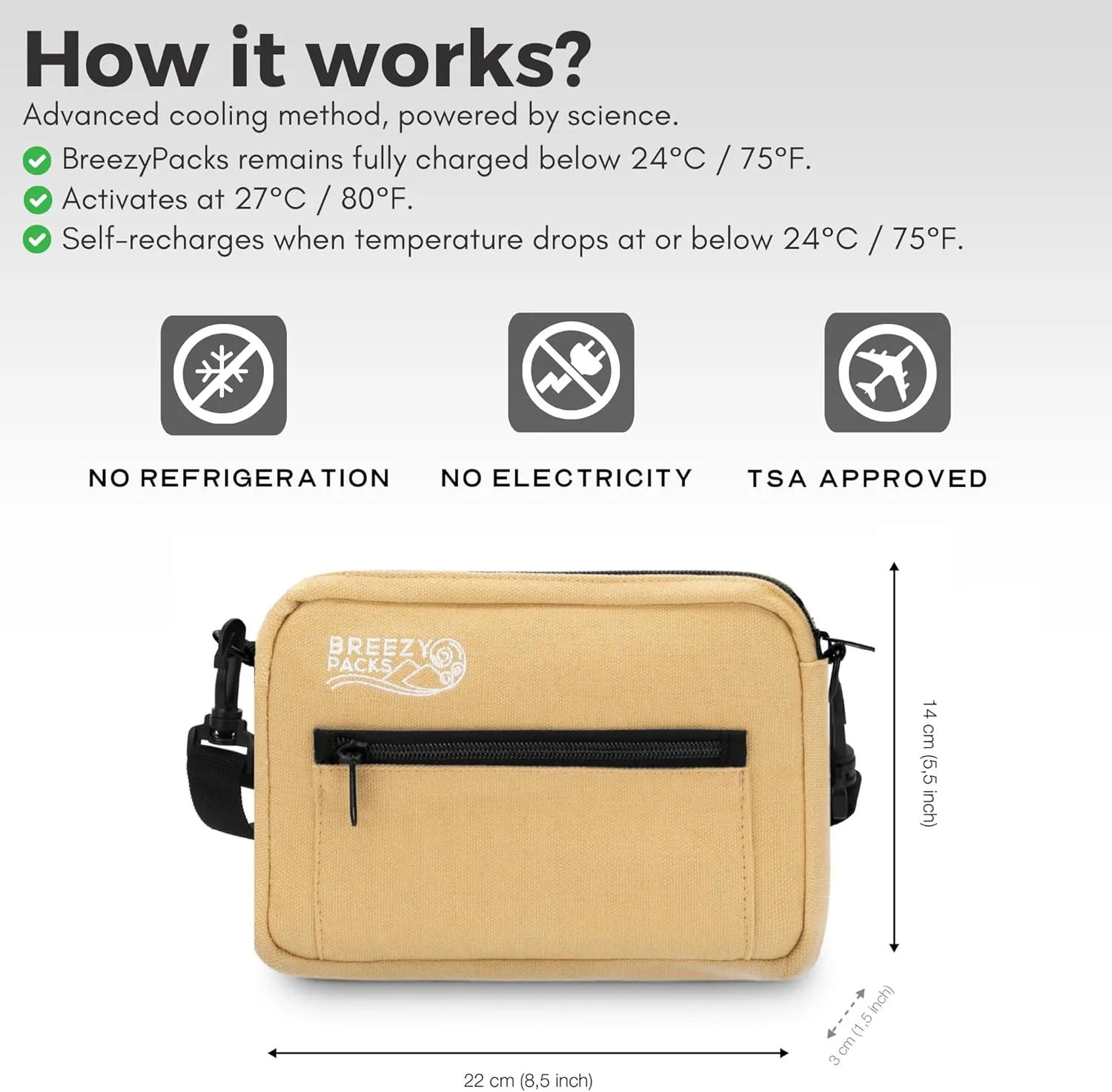Insulin Cooler Travel Case | EpiPen Carry case | Insulin Travel Case TSA-Approved | Self-Recharge, No Electricity or Refrigeration Keep medicine at room temp. | Breezy Mega (Beige)