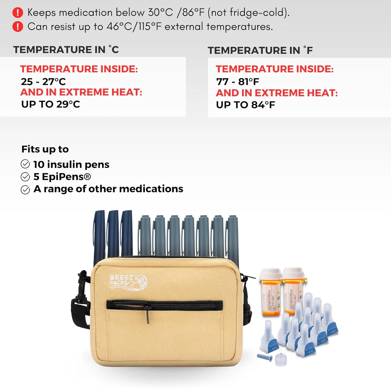 Insulin Cooler Travel Case | EpiPen Carry case | Insulin Travel Case TSA-Approved | Self-Recharge, No Electricity or Refrigeration Keep medicine at room temp. | Breezy Mega (Beige)