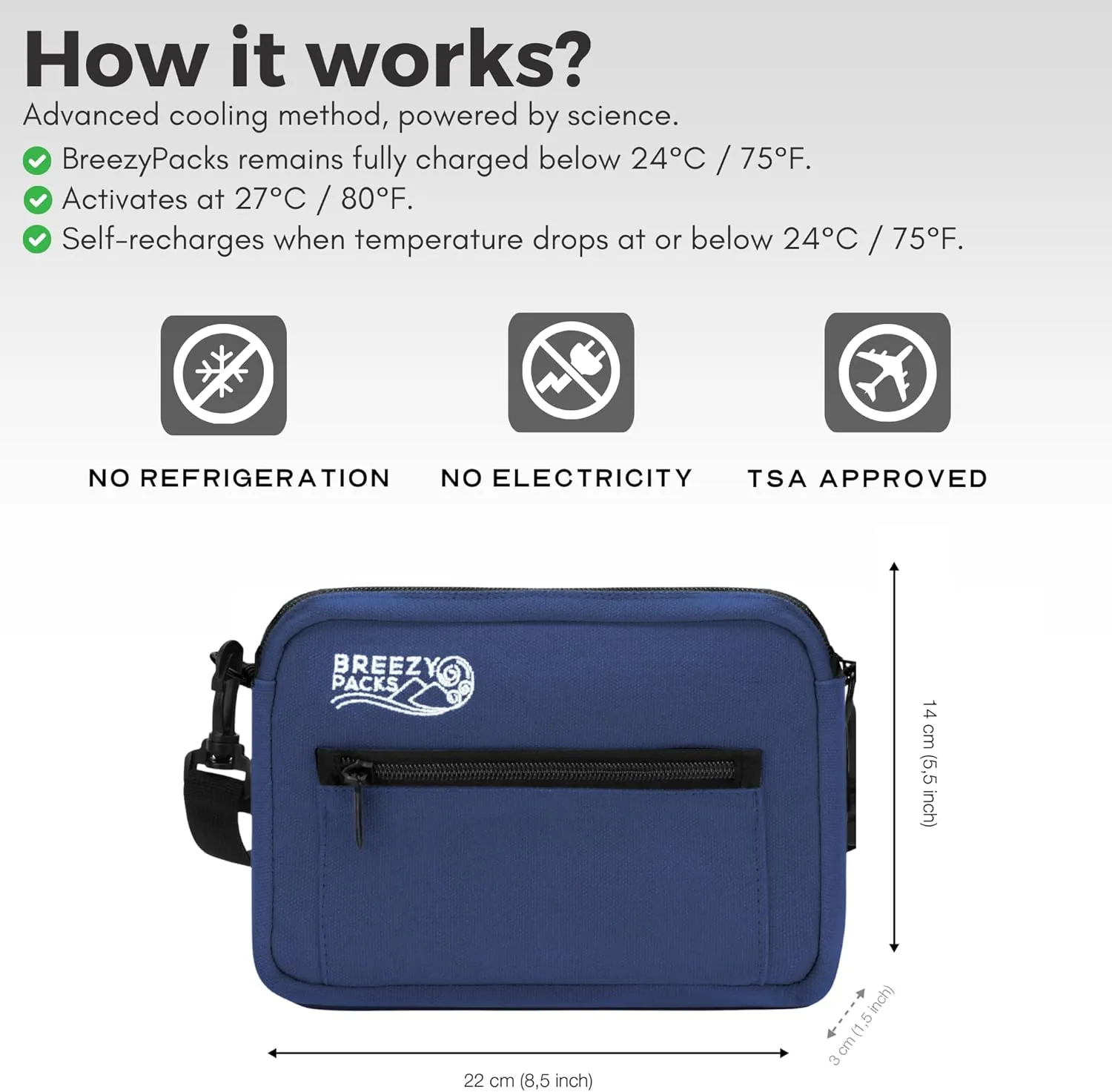 Insulin Cooler Travel Case | EpiPen Carry case | Insulin Travel Case TSA-Approved | Self-Recharge, No Electricity or Refrigeration Keep medicine at room temp. | Breezy Mega (Navy)