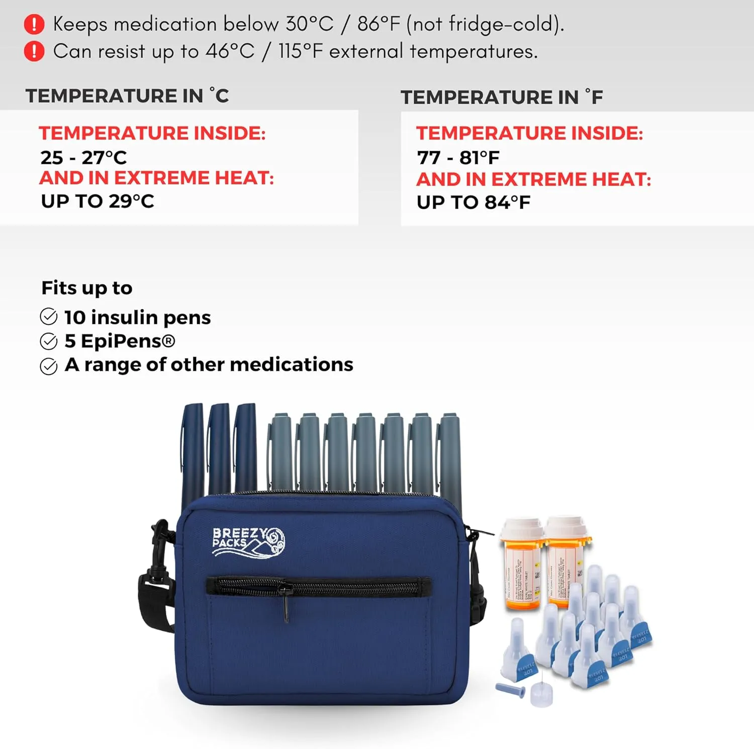Insulin Cooler Travel Case | EpiPen Carry case | Insulin Travel Case TSA-Approved | Self-Recharge, No Electricity or Refrigeration Keep medicine at room temp. | Breezy Mega (Navy)