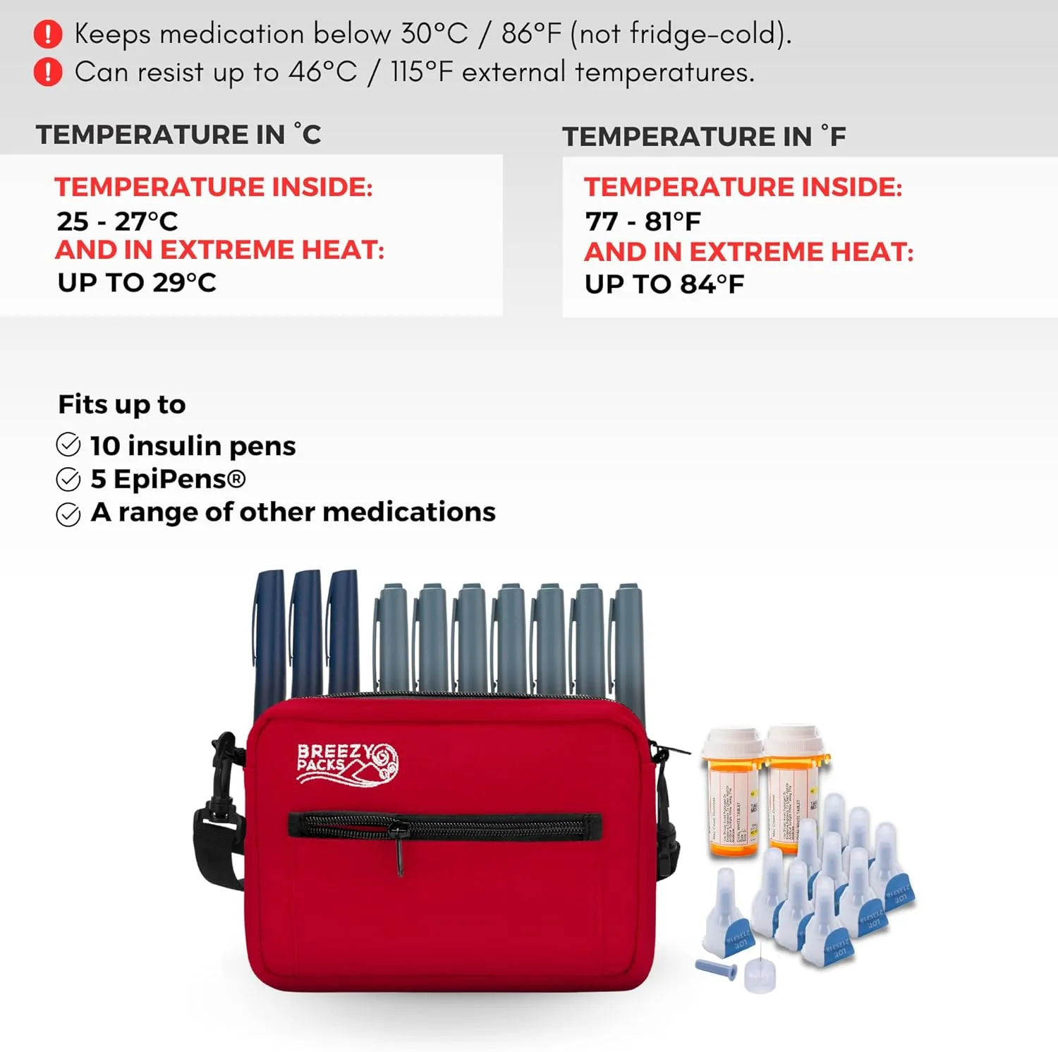 Insulin Cooler Travel Case | EpiPen Carry case | Insulin Travel Case TSA-Approved | Self-Recharge, No Electricity or Refrigeration Keep medicine at room temp. | Breezy Mega (Red)